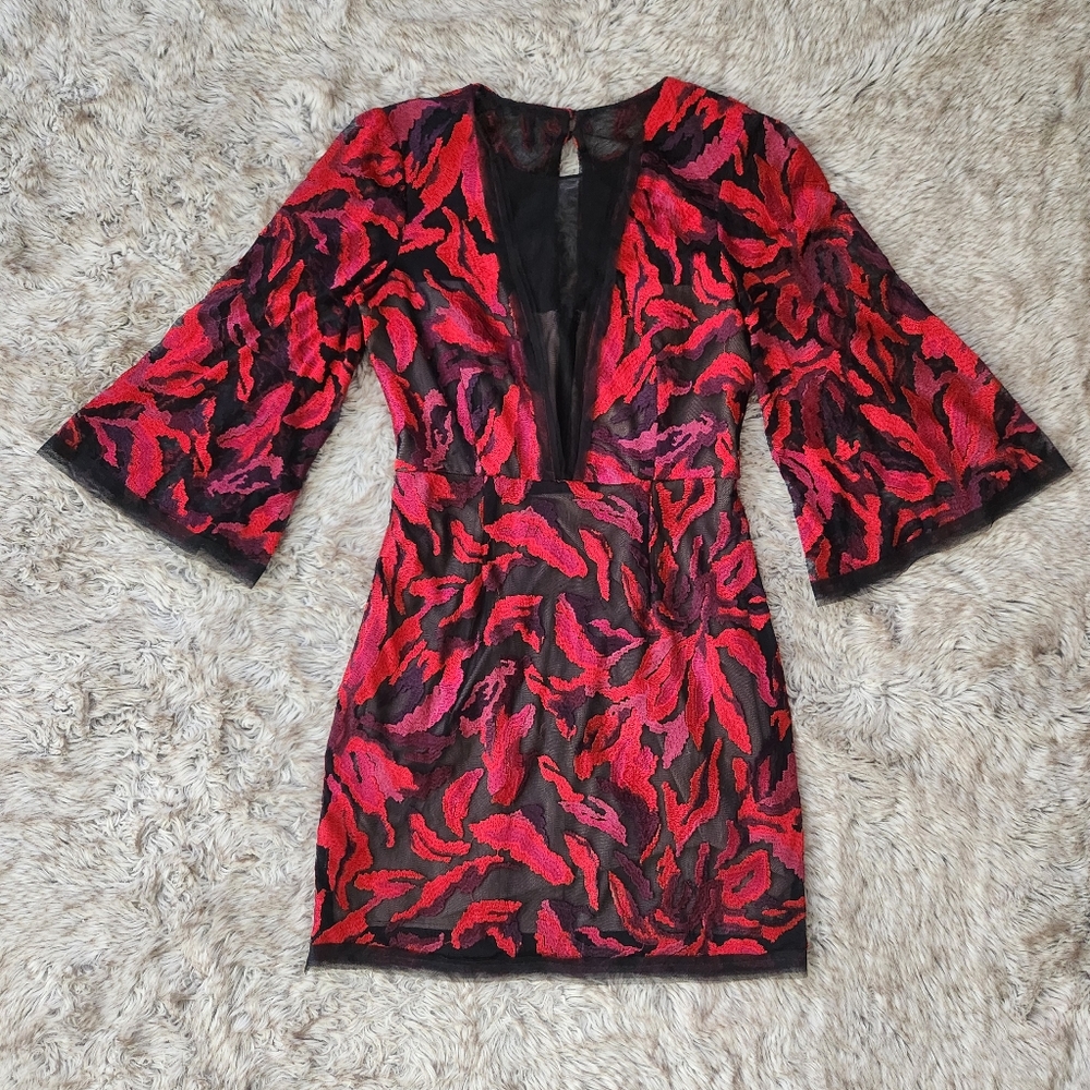 BCBG Max Azria Bell Sleeve Plunging Mesh Neckline Mini Dress Women's Size 2